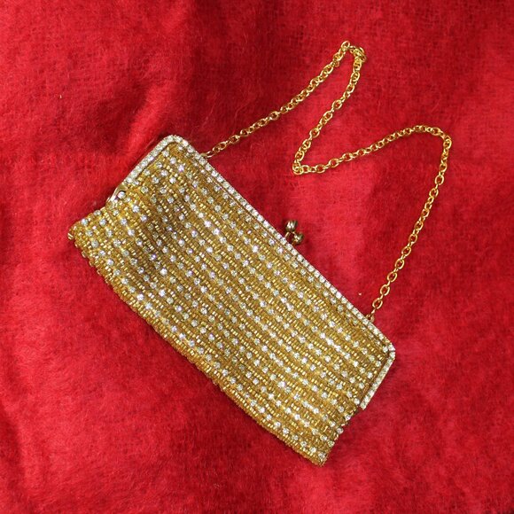 Pink Stix Beaded Evening Bag - Gold-tones and Rhinestones  Very Glamorous 8"x 4" - Picture 1 of 7